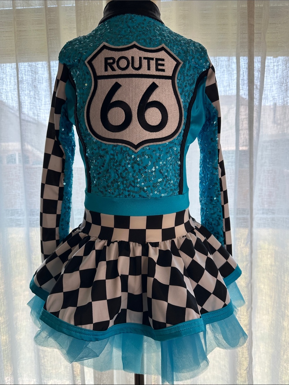 Weissman Turquoise Sequin Route 66 Checkerboard Dance Costume